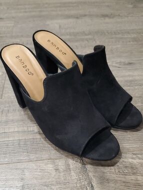 BAMBOO Black Open-Toe Suede Mule Heels